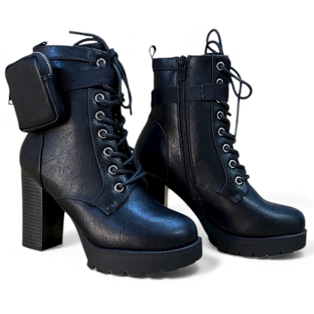 Black Lace-Up Ankle Boots with Pocket